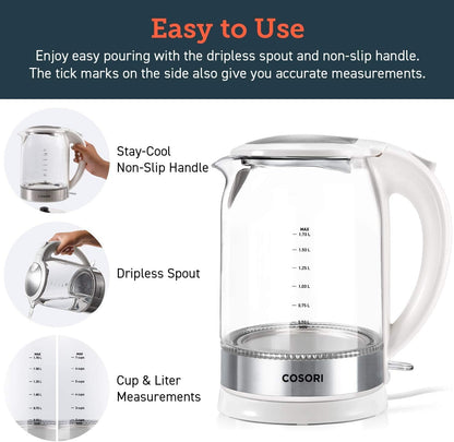 COSORI Electric Kettle, No Plastic Contact with Water, 1.7L/1500W, Stainless Steel Inner Lid & Filter, Tea Kettle For Coffee & Tea, Hot Water Kettle Teapot Boiler & Heater, Automatic Shut Off, Black