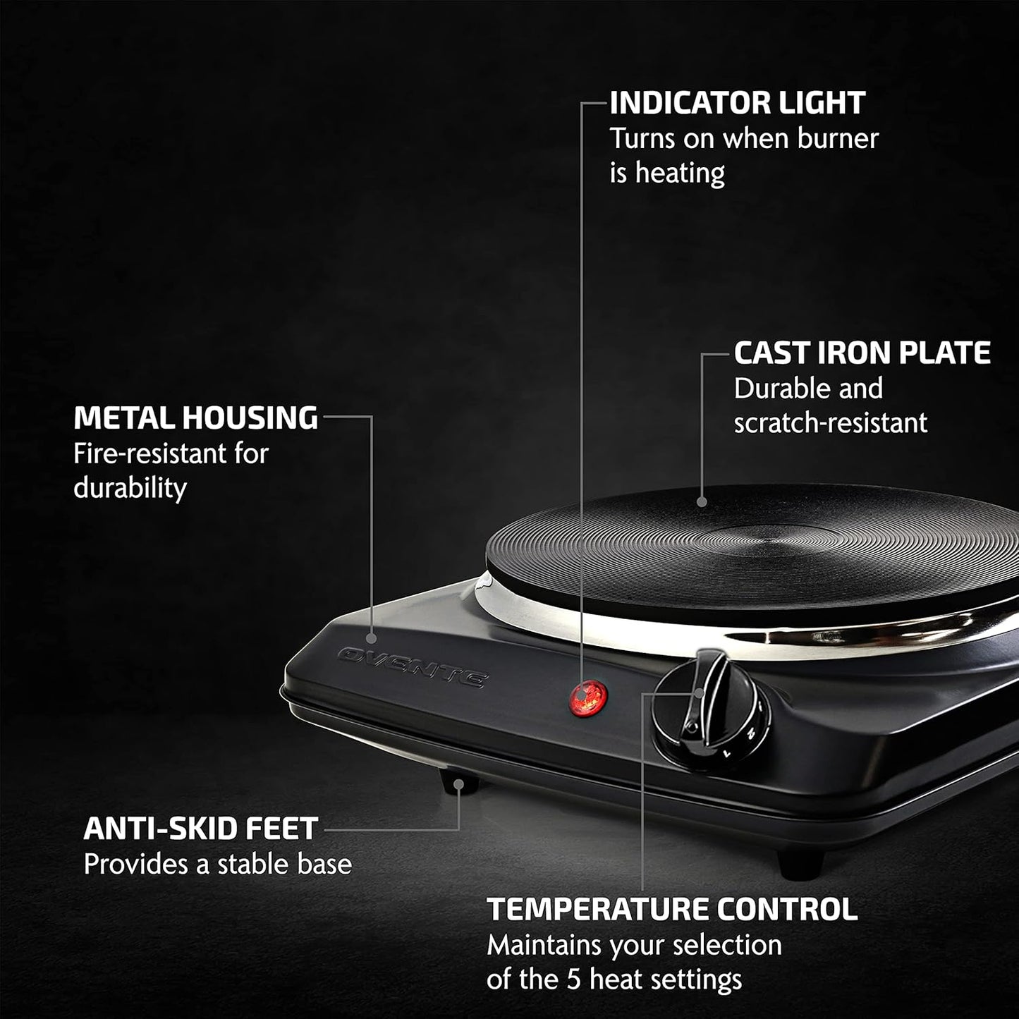 OVENTE Electric Countertop Double Burner, 1700W Cooktop with 7.25" and 6.10" Cast Iron Hot Plates, Temperature Control, Portable Cooking Stove and Easy to Clean Stainless Steel Base, Black BGS102B