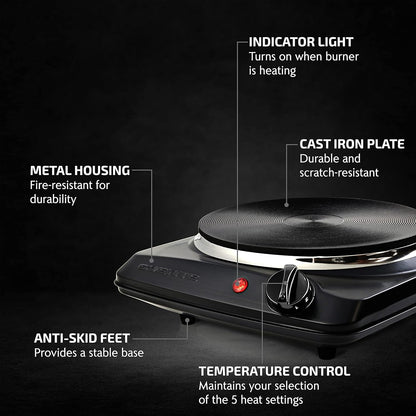 OVENTE Electric Countertop Double Burner, 1700W Cooktop with 7.25" and 6.10" Cast Iron Hot Plates, Temperature Control, Portable Cooking Stove and Easy to Clean Stainless Steel Base, Black BGS102B