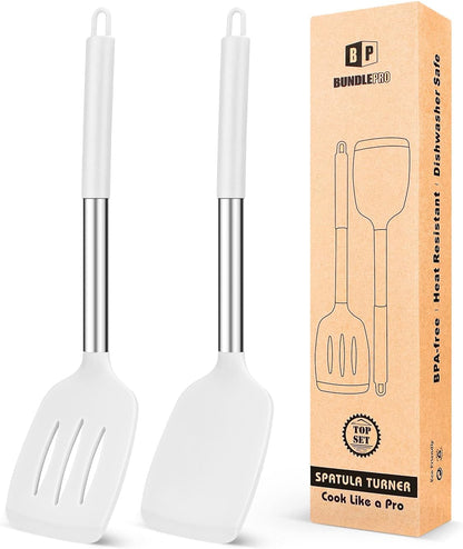 Pack of 2 Silicone Solid Turner,Non Stick Slotted Kitchen Spatulas,High Heat Resistant BPA Free Cooking Utensils,Ideal Cookware for Fish,Eggs,Pancakes (Black)