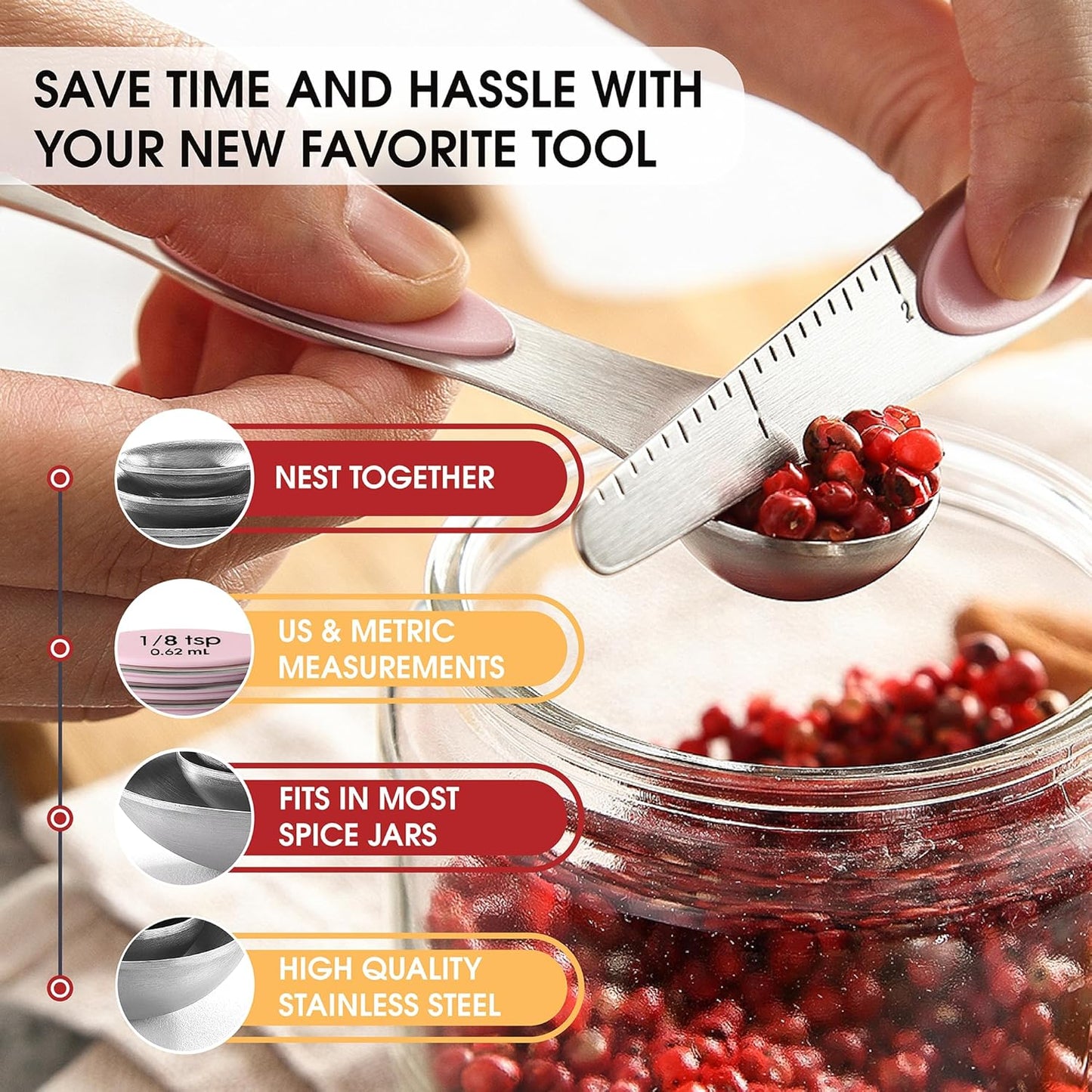 Spring Chef Magnetic Measuring Spoons Set with Strong N45 Magnets, Heavy Duty Stainless Steel Metal, Fits in Most Kitchen Spice Jars for Baking & Cooking, BPA Free, Black, Set of 8 with Leveler