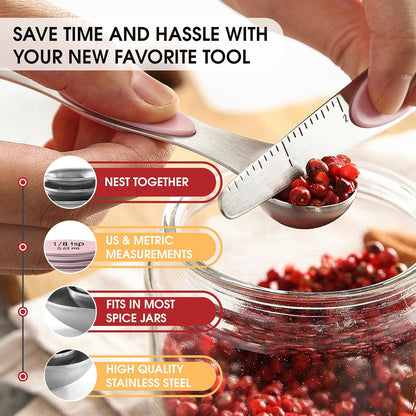 Spring Chef Magnetic Measuring Spoons Set with Strong N45 Magnets, Heavy Duty Stainless Steel Metal, Fits in Most Kitchen Spice Jars for Baking & Cooking, BPA Free, Black, Set of 8 with Leveler