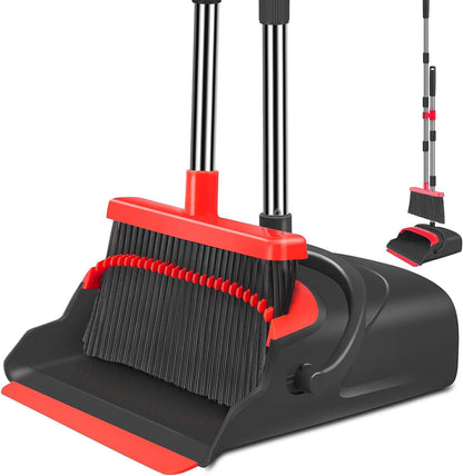 kelamayi Upgrade Stand Up Broom and Dustpan Set, Self-Cleaning with Dustpan Teeth, Ideal for Dog Cat Pets Home Use, Super Long Handle (Gray&Orange)