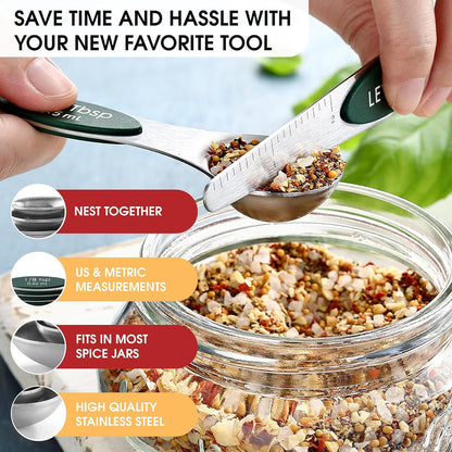 Spring Chef Magnetic Measuring Spoons Set with Strong N45 Magnets, Heavy Duty Stainless Steel Metal, Fits in Most Kitchen Spice Jars for Baking & Cooking, BPA Free, Black, Set of 8 with Leveler