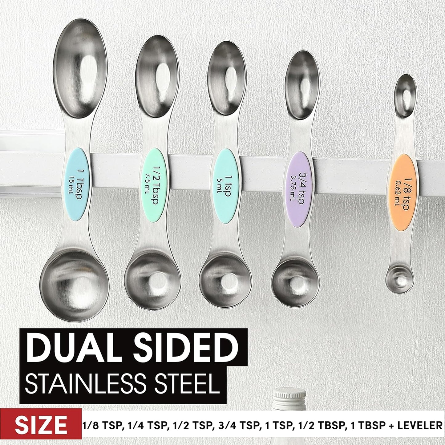Spring Chef Magnetic Measuring Spoons Set with Strong N45 Magnets, Heavy Duty Stainless Steel Metal, Fits in Most Kitchen Spice Jars for Baking & Cooking, BPA Free, Black, Set of 8 with Leveler