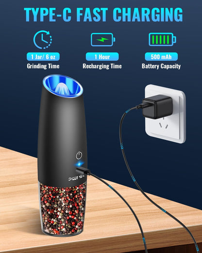 Sweet Alice Gravity Electric Pepper and Salt Grinder Set, Adjustable Coarseness, Battery Powered with LED Light, One Hand Automatic Operation, Stainless Steel Black, 2 Pack