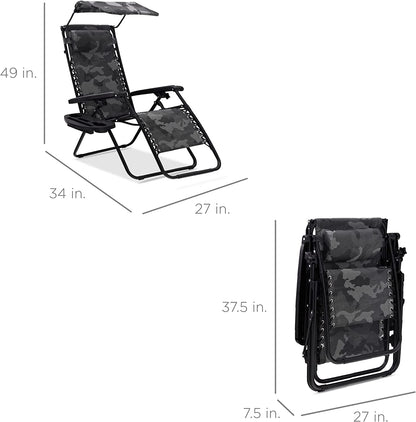 Folding Zero Gravity Outdoor Recliner Patio Lounge Chair w/Adjustable Canopy Shade, Headrest, Side Accessory Tray, Textilene Mesh - Beige