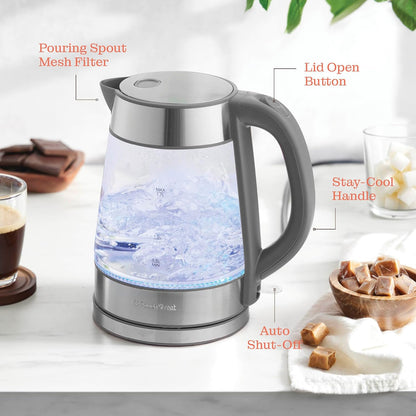 Speed-Boil Electric Kettle For Coffee & Tea - 1.7L Water Boiler 1500W, Borosilicate Glass, Easy Clean Wide Opening, Auto Shut-Off, Cool Touch Handle, LED Light. 360° Rotation, Boil Dry Protection