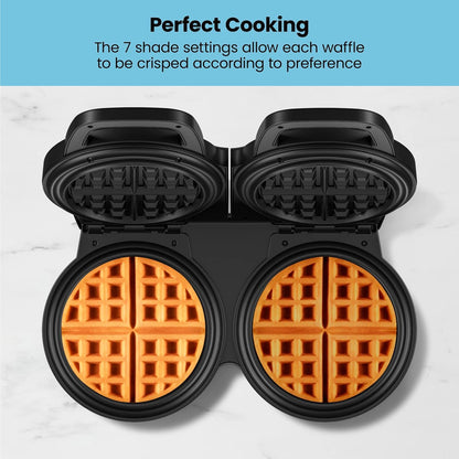 Chefman Anti-Overflow Belgian Waffle Maker w/Shade Selector, Temperature Control, Mess Free Moat, Round Iron w/Nonstick Plates & Cool Touch Handle, Measuring Cup Included, Black