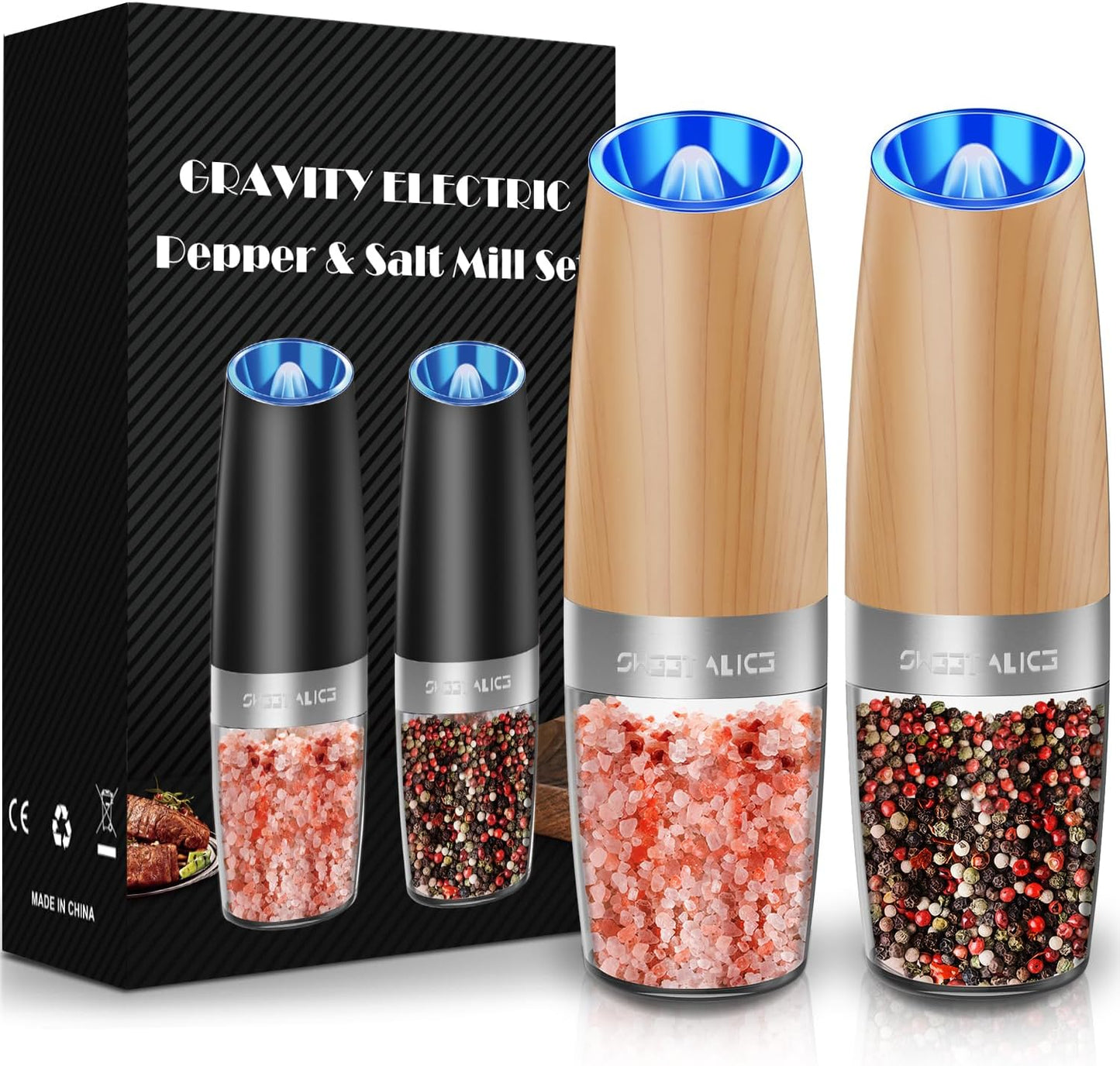 Sweet Alice Gravity Electric Pepper and Salt Grinder Set, Adjustable Coarseness, Battery Powered with LED Light, One Hand Automatic Operation, Stainless Steel Black, 2 Pack