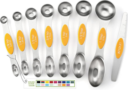 Spring Chef Magnetic Measuring Spoons Set with Strong N45 Magnets, Heavy Duty Stainless Steel Metal, Fits in Most Kitchen Spice Jars for Baking & Cooking, BPA Free, Black, Set of 8 with Leveler