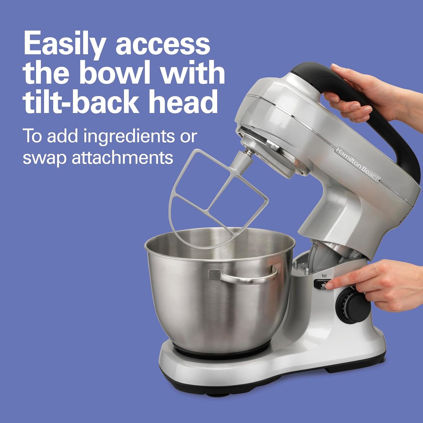 Hamilton Beach Electric Stand Mixer, 4 Quarts, Dough Hook, Flat Beater Attachments, Splash Guard 7 Speeds with Whisk, Black with Top Handle