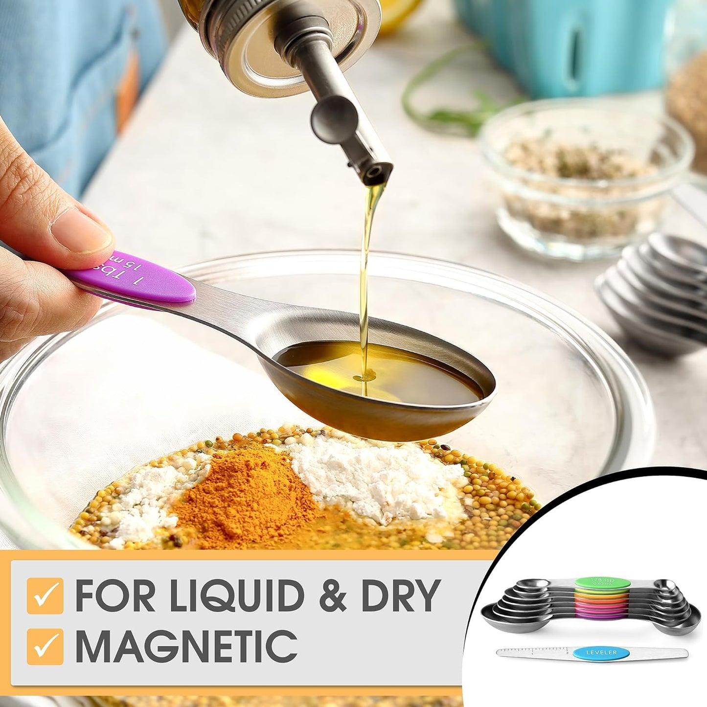 Spring Chef Magnetic Measuring Spoons Set with Strong N45 Magnets, Heavy Duty Stainless Steel Metal, Fits in Most Kitchen Spice Jars for Baking & Cooking, BPA Free, Black, Set of 8 with Leveler