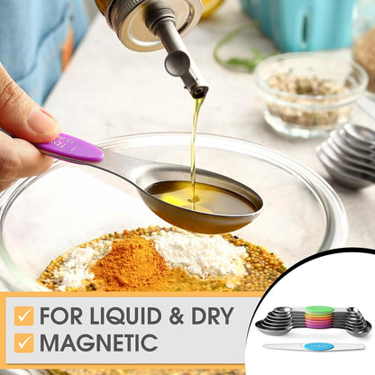 Spring Chef Magnetic Measuring Spoons Set with Strong N45 Magnets, Heavy Duty Stainless Steel Metal, Fits in Most Kitchen Spice Jars for Baking & Cooking, BPA Free, Black, Set of 8 with Leveler