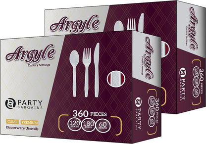 Party Bargains Disposable Cutlery set, SAPPHIRE Design, Clear Color, 360 Pieces: 180 Forks, 120 Spoons, 60 Knives