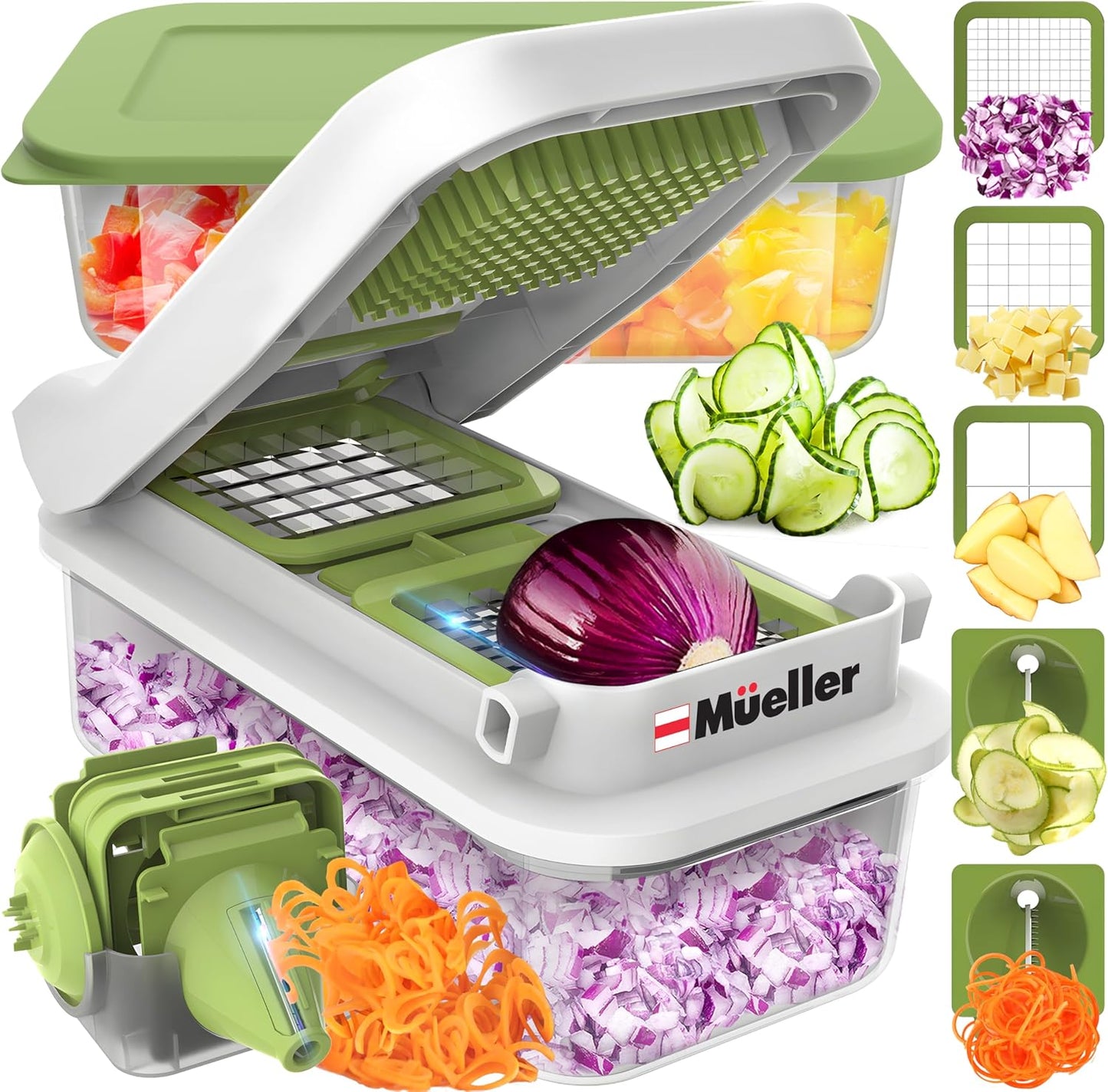 Mueller Pro-Series 10-in-1, 8 Blade Vegetable Chopper, Onion Mincer, Cutter, Dicer, Egg Slicer with Container, French Fry Cutter, Potato Slicer, Home Essentials & Kitchen Gadgets, Salad Chopper