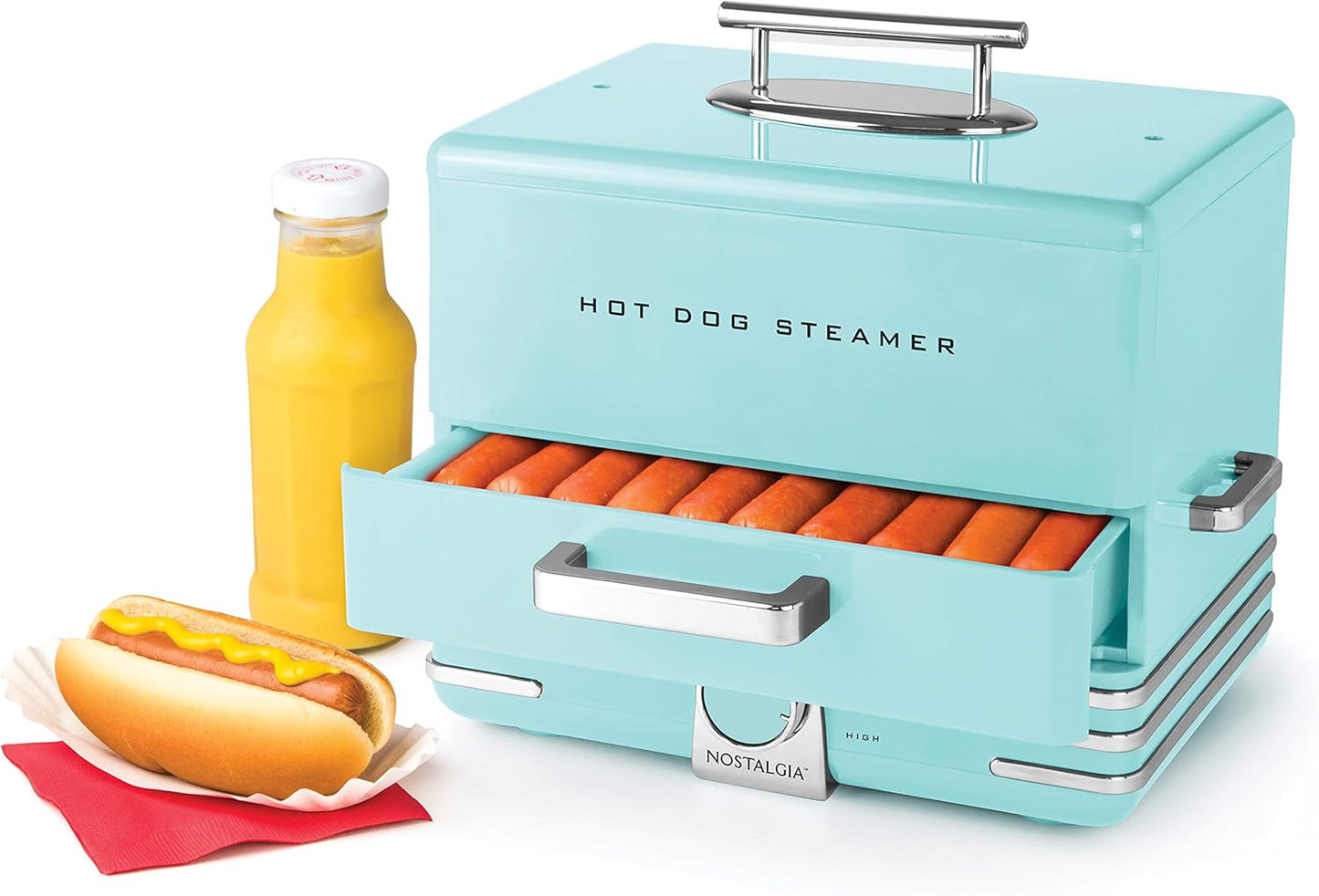 Nostalgia Extra Large Diner-Style Coca-Cola Hot Dog Steamer and Bun Warmer, 24 Hot Dog and 12 Bun Capacity, Steam Bratwursts, Sausages, Vegetables, Fish, Dumplings, Red