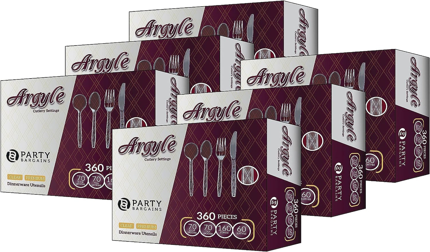 Party Bargains Disposable Cutlery set, SAPPHIRE Design, Clear Color, 360 Pieces: 180 Forks, 120 Spoons, 60 Knives