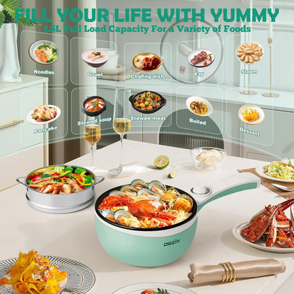 Dezin Hot Pot Electric Upgraded, Non-Stick Sauté Pan, Rapid Noodles Electric Pot, 1.5L Mini Portable Hot Pot for Steak, Egg, Fried Rice, Ramen, Oatmeal, Soup with Power Adjustment(Egg Rack Included)