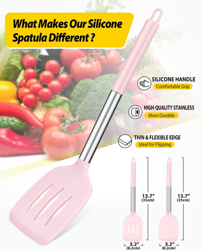 Pack of 2 Silicone Solid Turner,Non Stick Slotted Kitchen Spatulas,High Heat Resistant BPA Free Cooking Utensils,Ideal Cookware for Fish,Eggs,Pancakes (Black)
