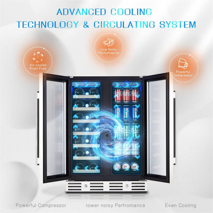 Kalamera 24 inch Wine Cooler, 46 Bottle - Dual Zone Built-in or Freestanding Fridge with Stainless Steel Reversible Glass Door, for Home, Kitchen, or Office.