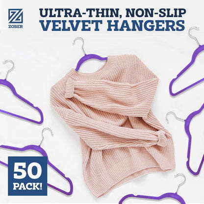 Zober Velvet Hangers 50 Pack - Heavy Duty Black Hangers for Coats, Pants & Dress Clothes - Non Slip Clothes Hanger Set - Space Saving Felt Hangers for Clothing