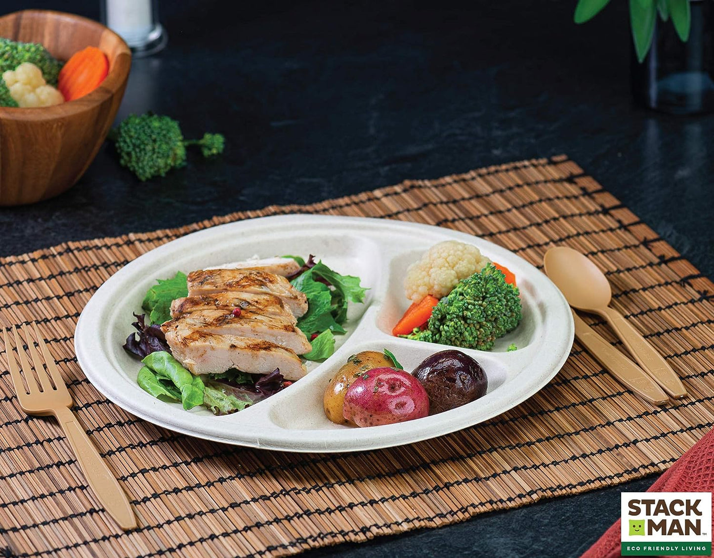 Paper Plates, 100% Compostable Heavy Duty Disposable Plate - [125-Pack] - {PFAS-Free} - {BPI Certified} - [9 Inch] Eco-Friendly, Biodegradable Bagasse Natural Brown 9" Dinner Plates - By Stack Man