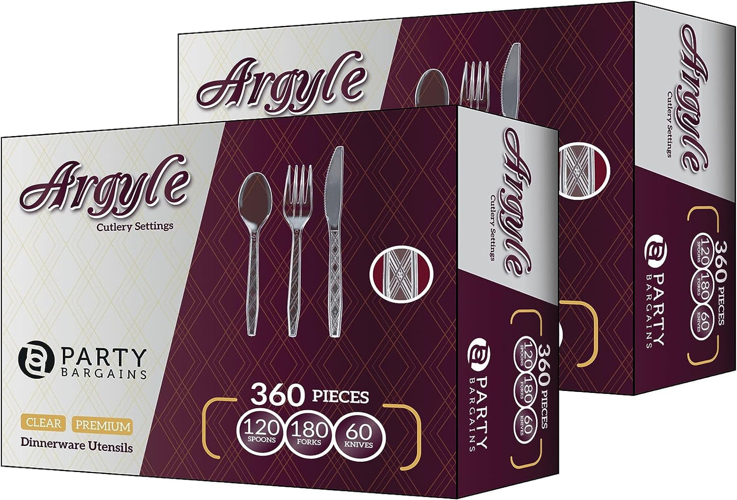 Party Bargains Disposable Cutlery set, SAPPHIRE Design, Clear Color, 360 Pieces: 180 Forks, 120 Spoons, 60 Knives