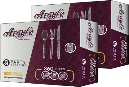 Party Bargains Disposable Cutlery set, SAPPHIRE Design, Clear Color, 360 Pieces: 180 Forks, 120 Spoons, 60 Knives