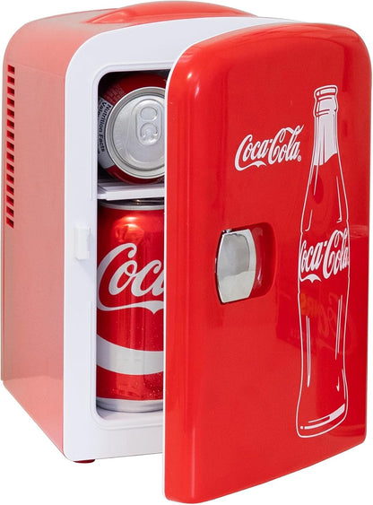 Coca-Cola Classic Coke Bottle 4L Mini Fridge w/ 12V DC and 110V AC Cords, 6 Can Portable Cooler, Personal Travel Refrigerator for Snacks Lunch Drinks Cosmetics, Desk Home Office Dorm, Red