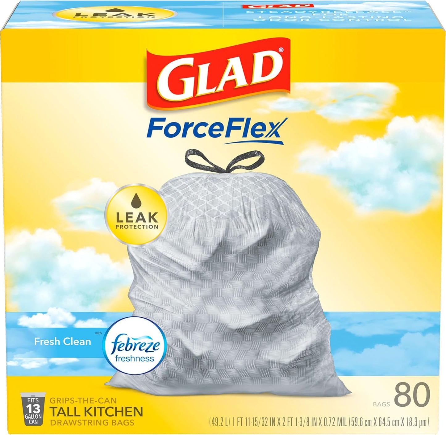 Glad Tall Kitchen Drawstring Trash Bags - Odorshield 13 Gallon White Trash Bag, Febreze Fresh Clean, 110 Count