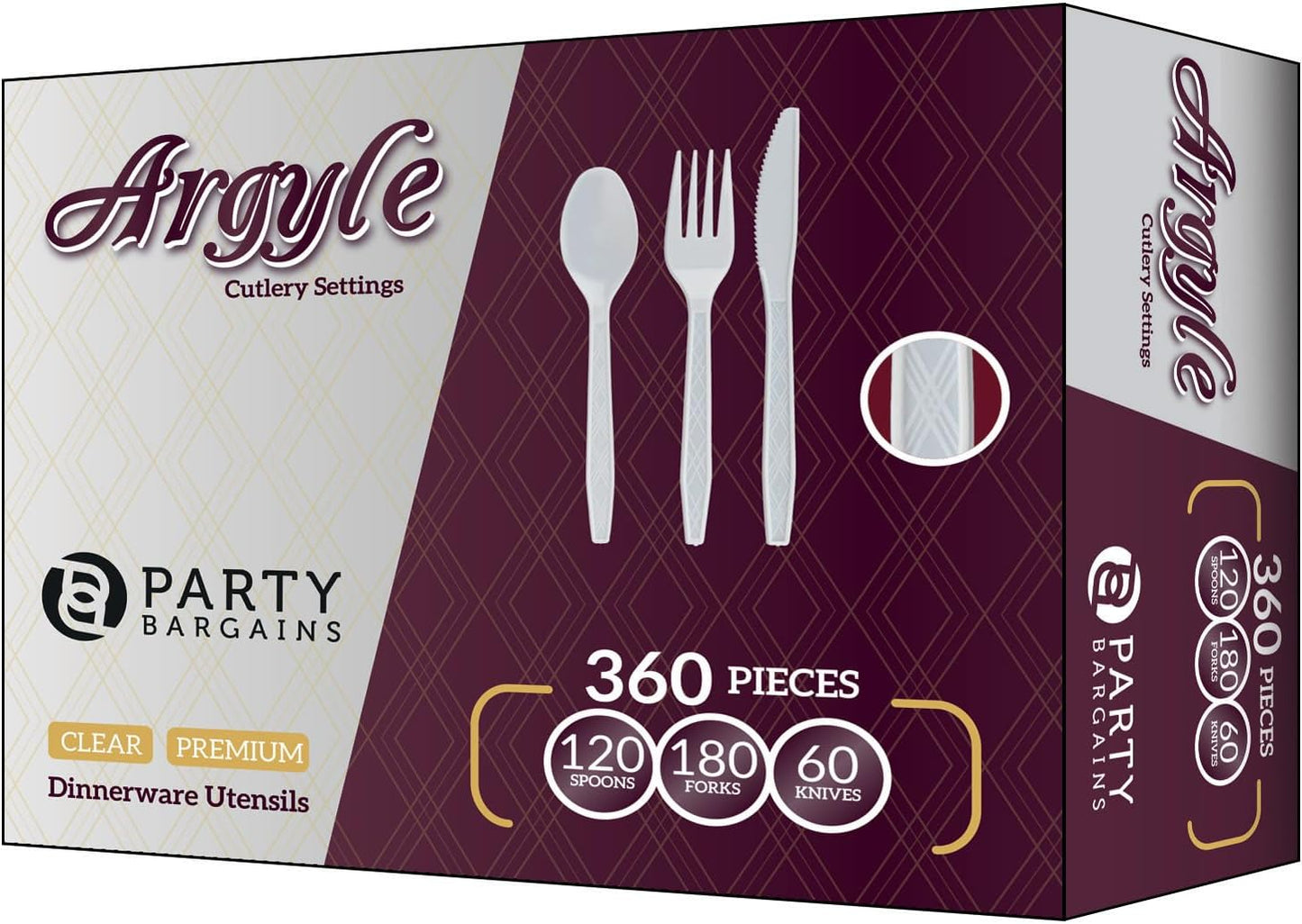 Party Bargains Disposable Cutlery set, SAPPHIRE Design, Clear Color, 360 Pieces: 180 Forks, 120 Spoons, 60 Knives