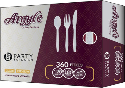 Party Bargains Disposable Cutlery set, SAPPHIRE Design, Clear Color, 360 Pieces: 180 Forks, 120 Spoons, 60 Knives