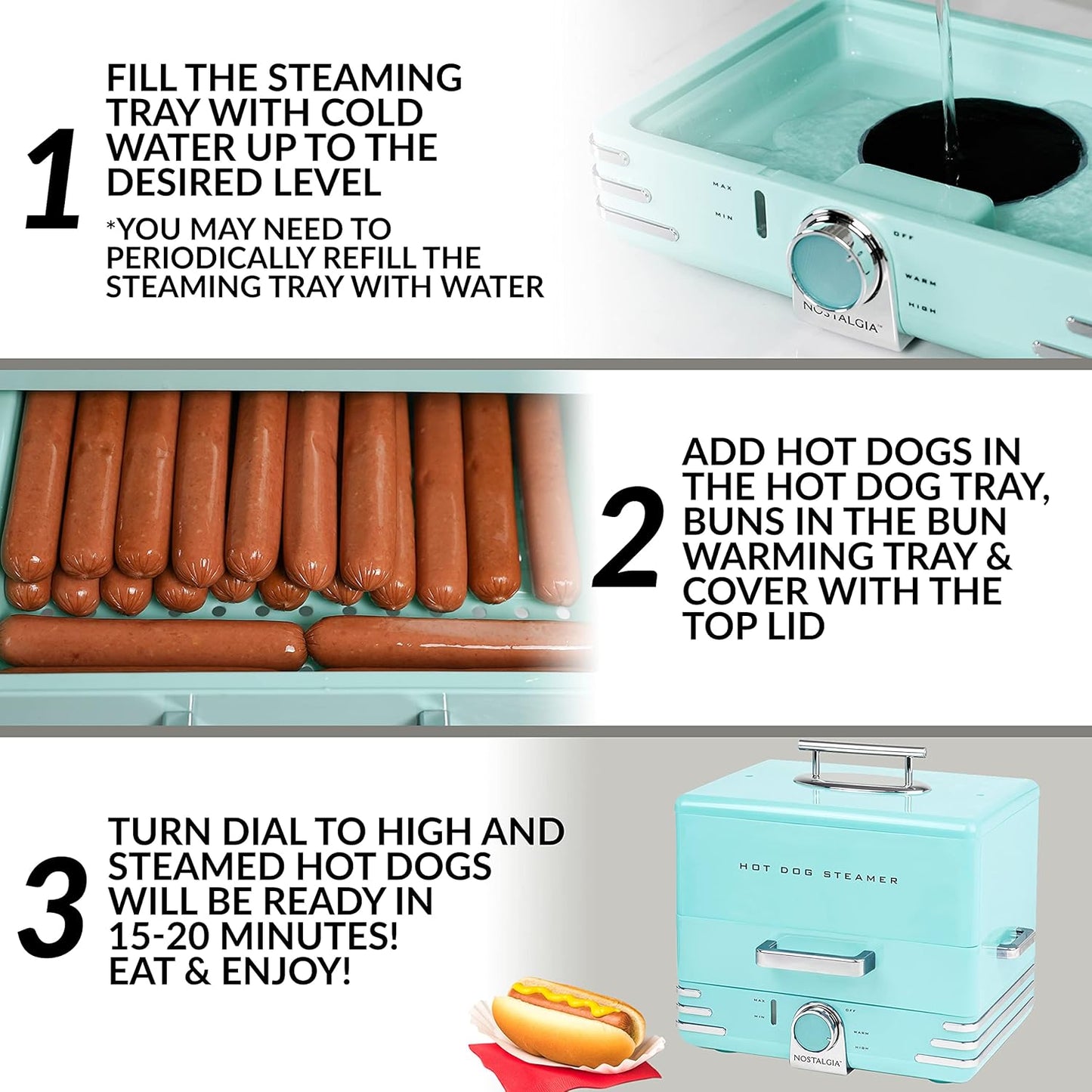 Nostalgia Extra Large Diner-Style Coca-Cola Hot Dog Steamer and Bun Warmer, 24 Hot Dog and 12 Bun Capacity, Steam Bratwursts, Sausages, Vegetables, Fish, Dumplings, Red
