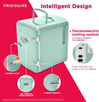 Frigidaire Retro Mini Fridge Cooler, 4L Capacity Chills 6 12oz Cans, 100% Freon-Free & Eco Friendly, Portable Fridge for Car, Office, Bedroom, Dorm Room, or Cabin - 9.84"D x 7.09"W x 10.35"H (Pink)
