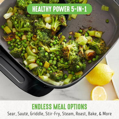 GreenLife 12" 5QT Square Electric Skillet, Glass Vented Lid, Ceramic PFAS-Free Nonstick Interior, Adjustable Temperature Control, Cool Touch Handles, Quick Even Heating, Scratch Resistant, Turquoise