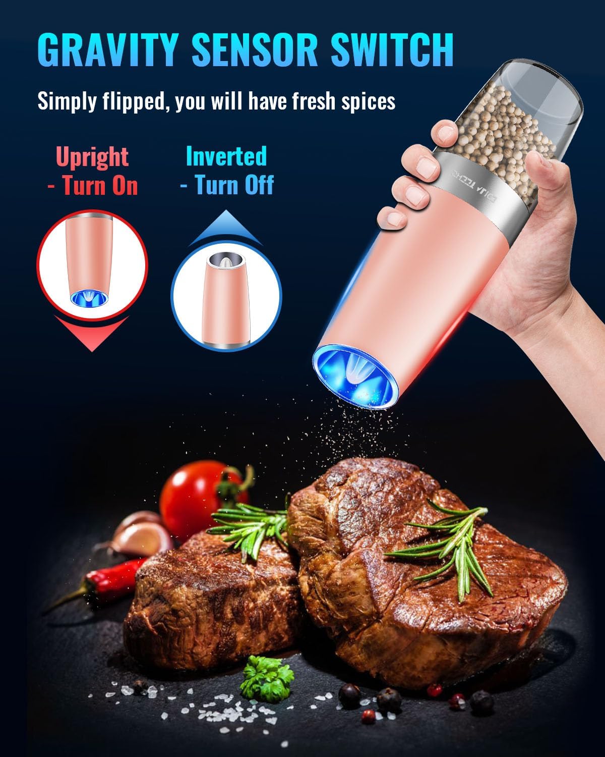 Sweet Alice Gravity Electric Pepper and Salt Grinder Set, Adjustable Coarseness, Battery Powered with LED Light, One Hand Automatic Operation, Stainless Steel Black, 2 Pack