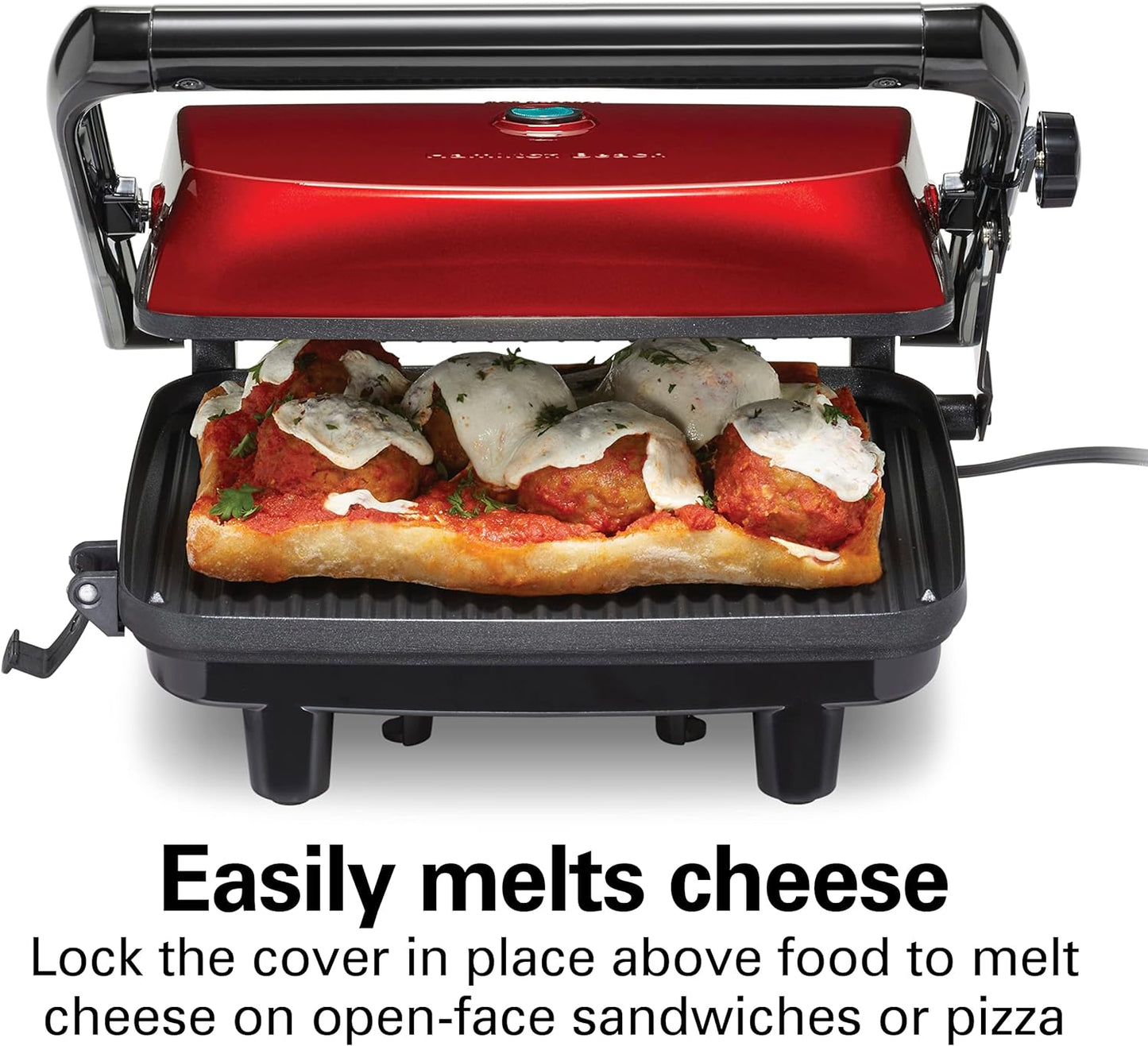 Hamilton Beach Panini Press Sandwich Maker & Electric Indoor Grill with Locking Lid, Opens 180 Degrees for any Thickness for Quesadillas, Burgers & More, Nonstick 8" x 10" Grids, Chrome (25460AG)