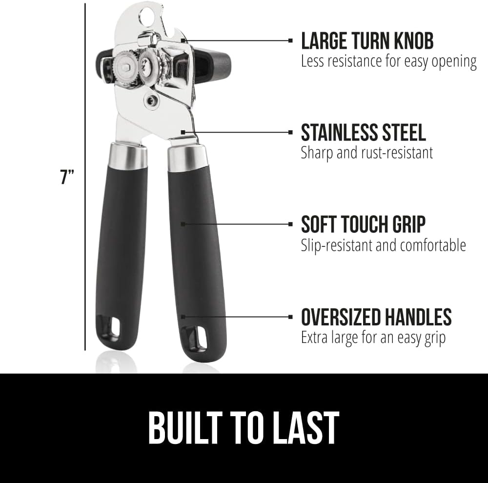 The Original Gorilla Grip Heavy Duty Stainless Steel Smooth Edge Manual Can Opener and Bottle Openers, Soft Handle, Rust Proof Oversized Handheld Easy Turn Knob, Multifunctional Kitchen Tool, Black