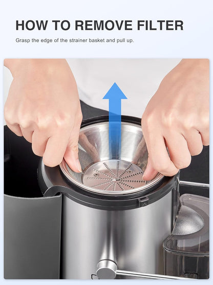 Qcen Juicer Machine, 800W Centrifugal Juicer Extractor with Wide Mouth 3” Feed Chute for Fruit Vegetable, Easy to Clean, Stainless Steel, BPA-free (Black)