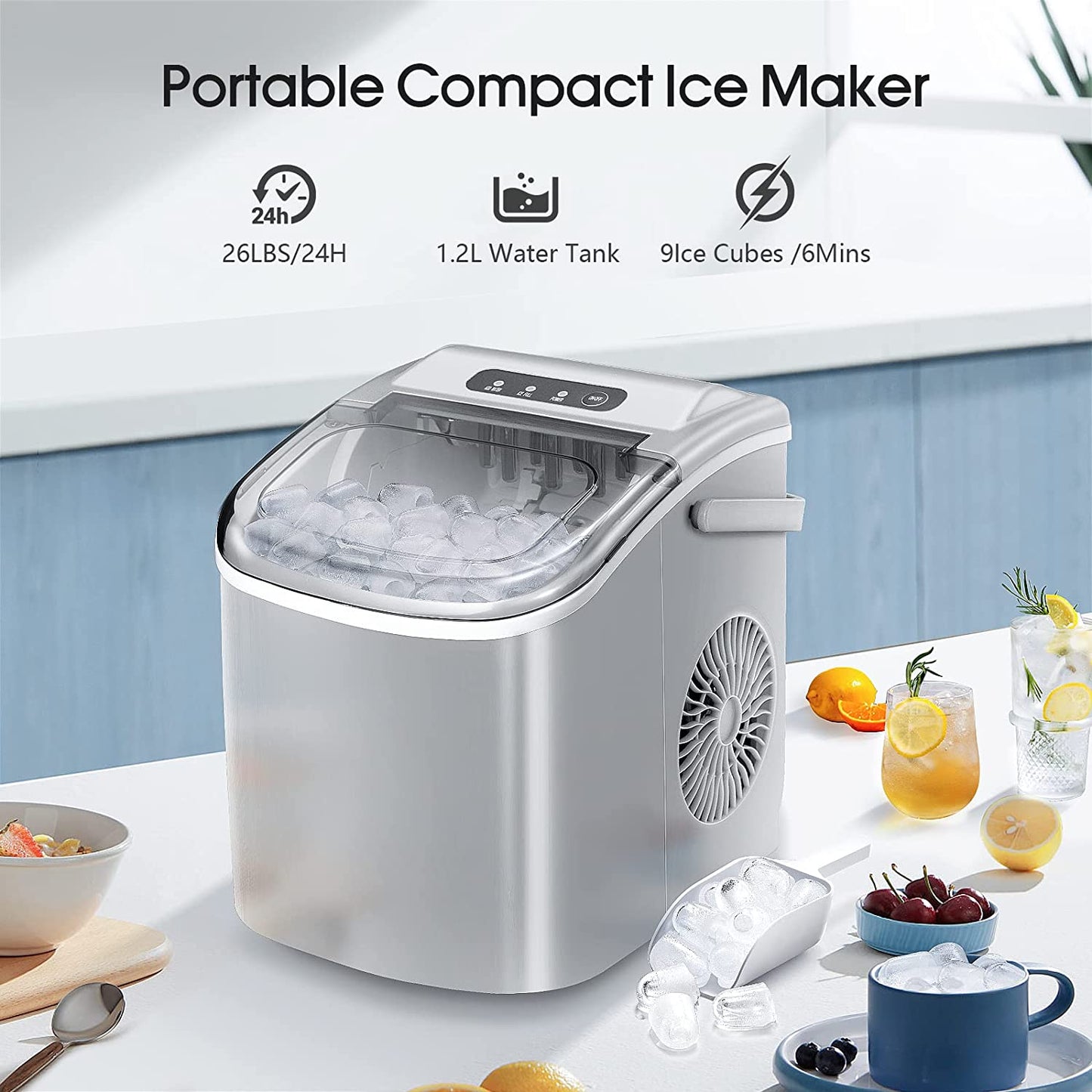 Ice Makers Countertop,Protable Ice Maker Machine with Handle,Self-Cleaning Ice Maker, 26Lbs/24H, 9 Ice Cubes Ready in 8 Mins, for Home/Office/Kitchen