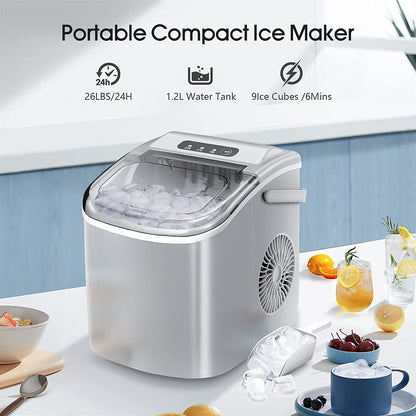 Ice Makers Countertop,Protable Ice Maker Machine with Handle,Self-Cleaning Ice Maker, 26Lbs/24H, 9 Ice Cubes Ready in 8 Mins, for Home/Office/Kitchen