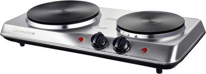 OVENTE Electric Countertop Double Burner, 1700W Cooktop with 7.25" and 6.10" Cast Iron Hot Plates, Temperature Control, Portable Cooking Stove and Easy to Clean Stainless Steel Base, Black BGS102B