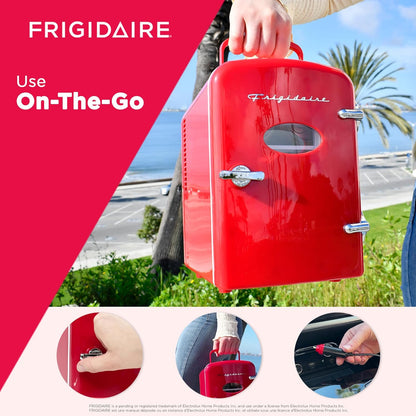 Frigidaire Retro Mini Fridge Cooler, 4L Capacity Chills 6 12oz Cans, 100% Freon-Free & Eco Friendly, Portable Fridge for Car, Office, Bedroom, Dorm Room, or Cabin - 9.84"D x 7.09"W x 10.35"H (Pink)