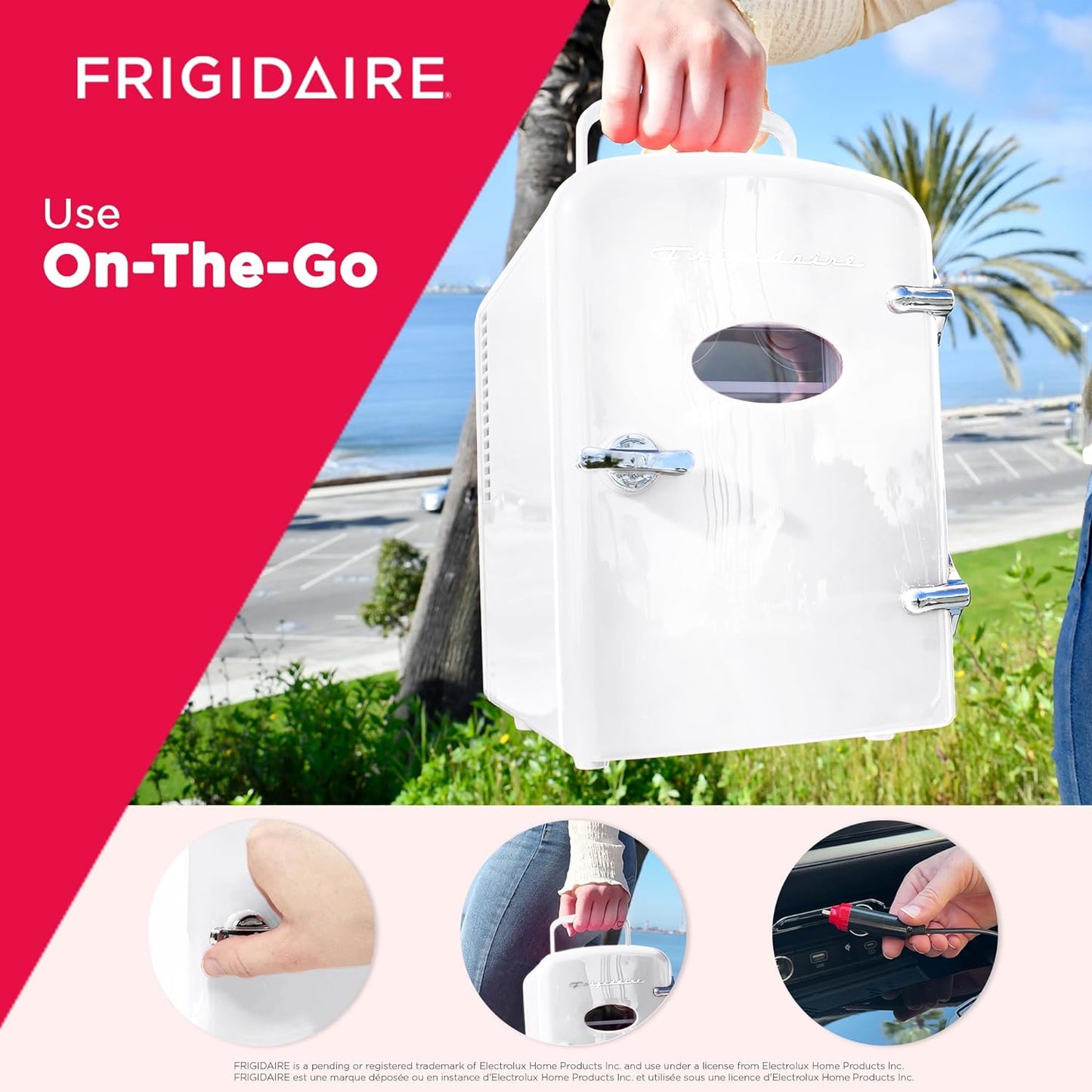Frigidaire Retro Mini Fridge Cooler, 4L Capacity Chills 6 12oz Cans, 100% Freon-Free & Eco Friendly, Portable Fridge for Car, Office, Bedroom, Dorm Room, or Cabin - 9.84"D x 7.09"W x 10.35"H (Pink)