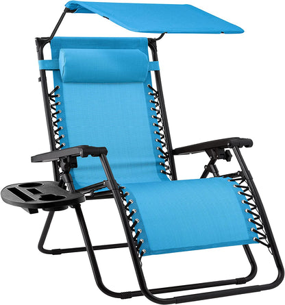 Folding Zero Gravity Outdoor Recliner Patio Lounge Chair w/Adjustable Canopy Shade, Headrest, Side Accessory Tray, Textilene Mesh - Beige