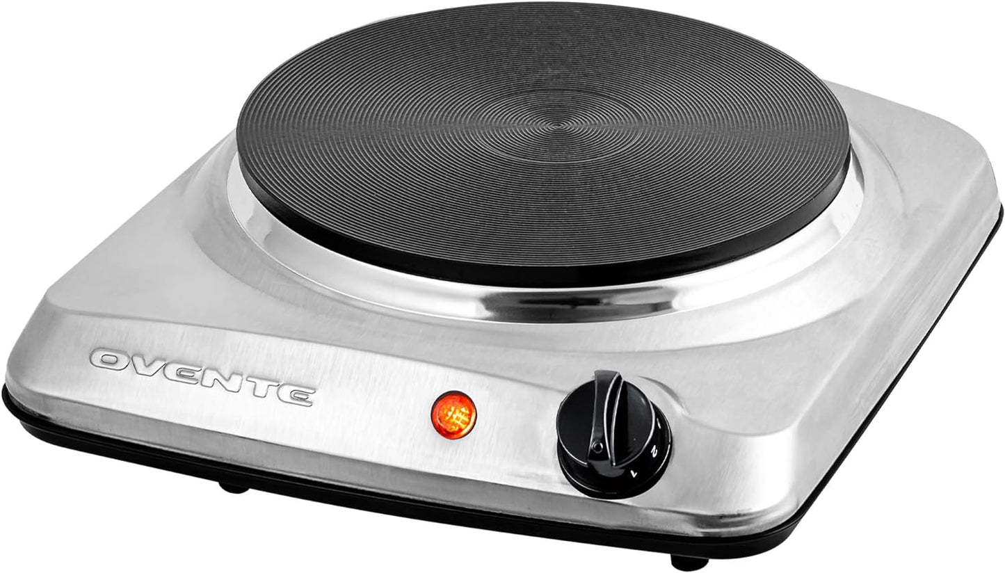 OVENTE Electric Countertop Double Burner, 1700W Cooktop with 7.25" and 6.10" Cast Iron Hot Plates, Temperature Control, Portable Cooking Stove and Easy to Clean Stainless Steel Base, Black BGS102B