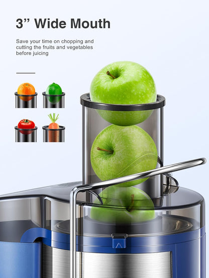 Qcen Juicer Machine, 800W Centrifugal Juicer Extractor with Wide Mouth 3” Feed Chute for Fruit Vegetable, Easy to Clean, Stainless Steel, BPA-free (Black)