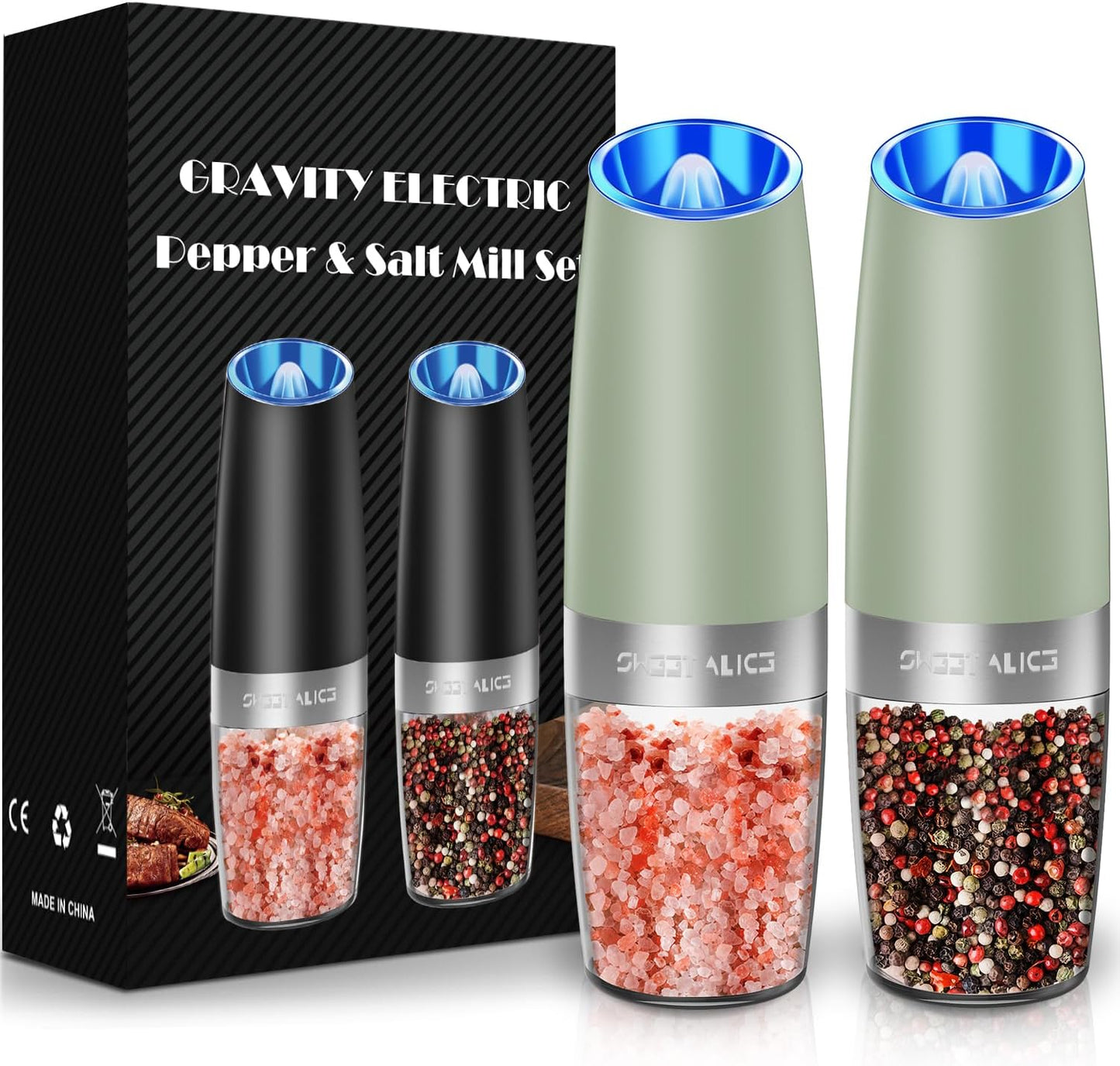 Sweet Alice Gravity Electric Pepper and Salt Grinder Set, Adjustable Coarseness, Battery Powered with LED Light, One Hand Automatic Operation, Stainless Steel Black, 2 Pack