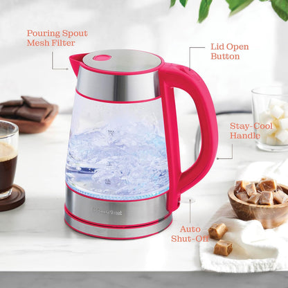 Speed-Boil Electric Kettle For Coffee & Tea - 1.7L Water Boiler 1500W, Borosilicate Glass, Easy Clean Wide Opening, Auto Shut-Off, Cool Touch Handle, LED Light. 360° Rotation, Boil Dry Protection